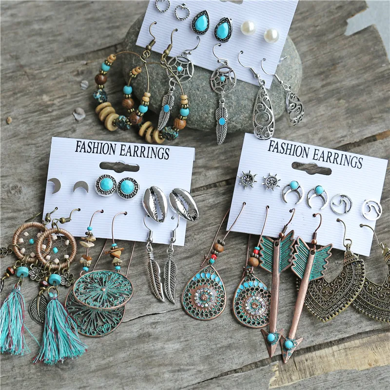 Set Di 3 Paia Orecchini Pendenti Vintage BARRU – Cerchi Geometrici In Acciaio Lucido, Multicolore, Lunghezza 5 Cm