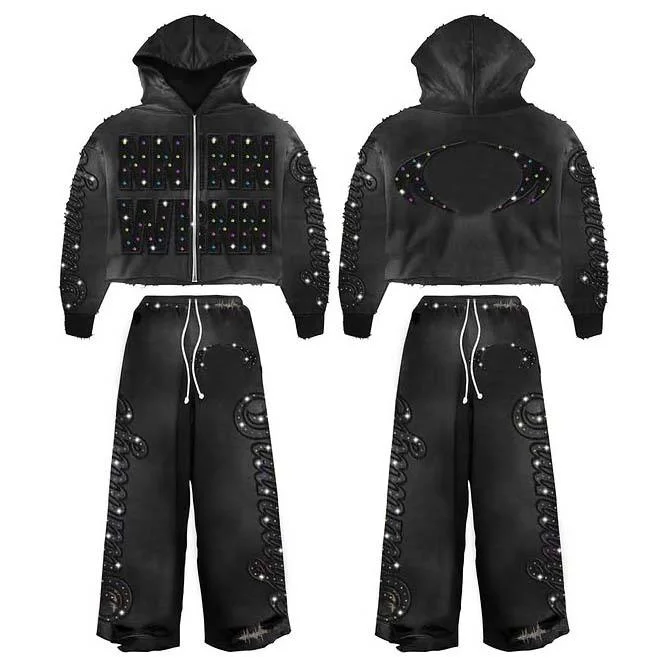 Custom Heavyweight Acid Wash Flared Sweatpants and Hoodie Sets Men Embroidery Streetwear Tracksuit Rhinestone Cropped Sweatsuit gallery 7