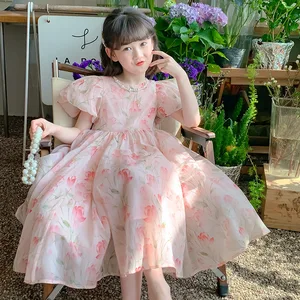 Girls Floral Puff Sleeve Mid Calf Casual Dress Children O Neck Sweet Style Daily Wear Dress