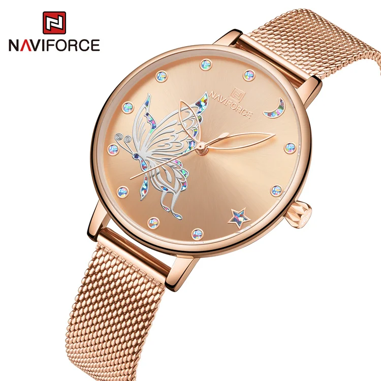 Naviforce NF5011L Rose Gold Butterfly Mesh Quartz Date Watch Womens New Battery NAVIFORCE Women Watch Top Brand Luxury Silver Rose Gold  main image 2