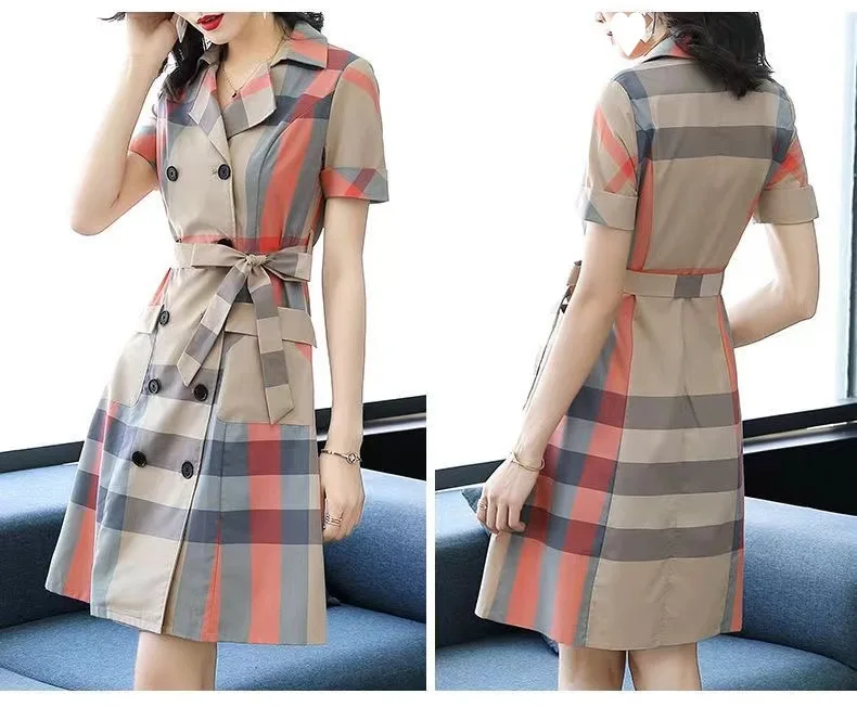 Vestido Elegante A-Line de Manga Longa em Estampa Xadrez para Mulheres,  Vestido Casual de Algodão com Cinto