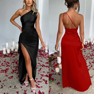 Woman Good Quality One Shoulder Slit Sleeveless Design of Satin Dress Backless Elegant Evening Dress