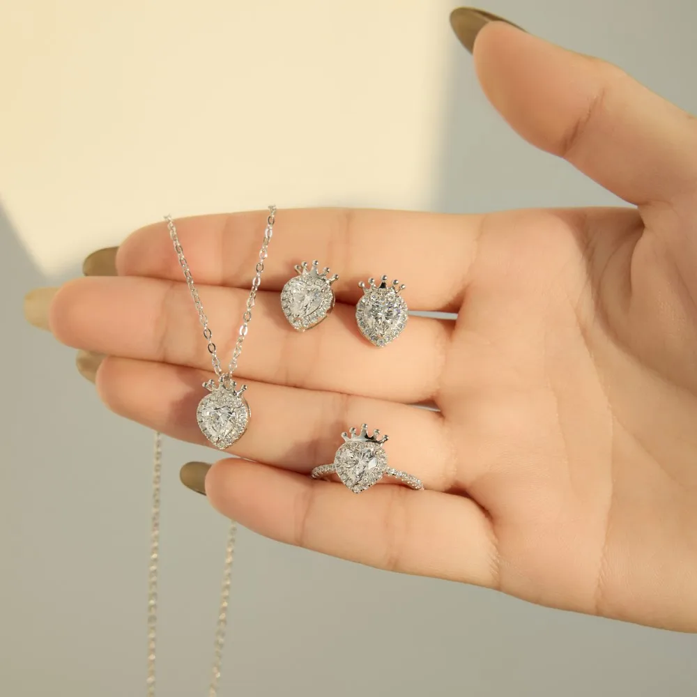 KAKODIY Cute Charms Rhodium-plated 925 Sterling Silver 5A Square Zircon Shiny Heart Crown Stud Earrings for Women Girls detail 2