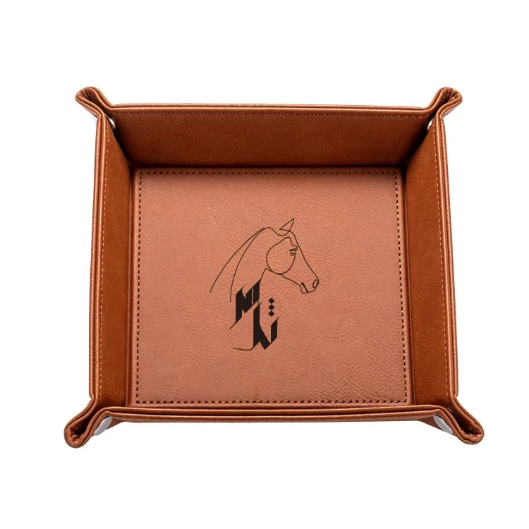 Small MOQ Custom Laser Engraved Logo Folding Snap Luxury Leather Storage Tray for Gifts
