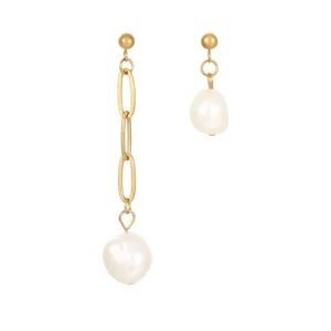 Women's Elegant Fashion Gold Plated Chain with Freshwater Pearl Long Drop Earrings