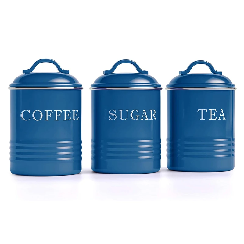 Set Of 3 Airtight Farmhouse Canister Sugar Coffee Tea Storage Jar Metal