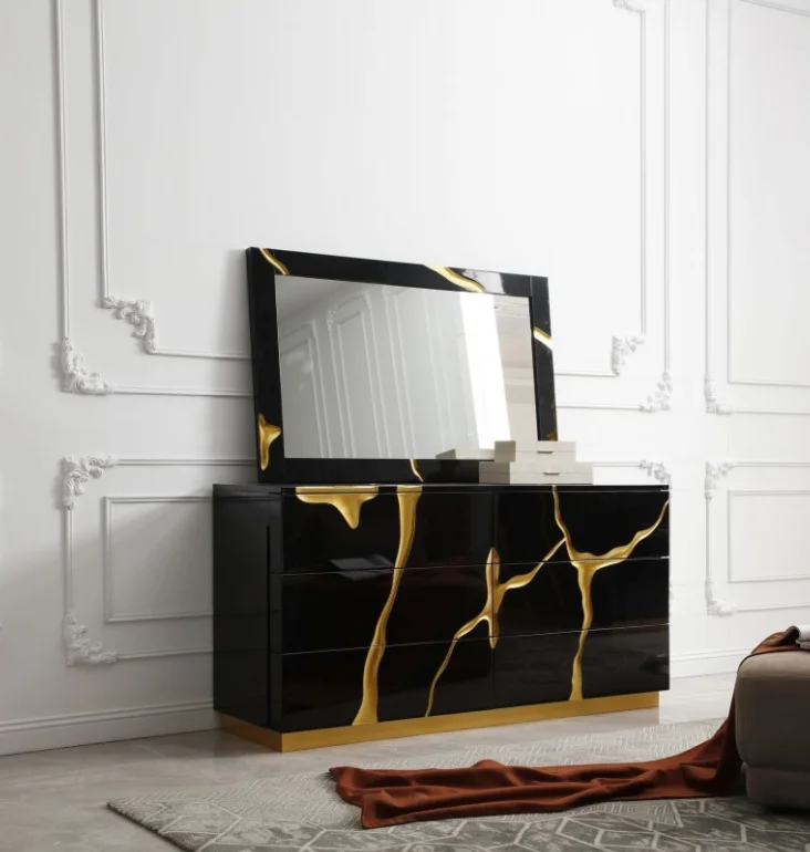 Luxury Living Room Black Mirrored Sideboard Drawer Cabinet Chest Gold  Decor Storage Buffet for Home Hotel