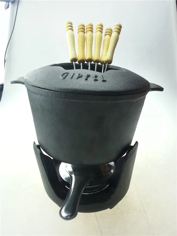 Cast Iron Fondue Set with 6 Forks, Cast Iron Hot Pot Fondue Pot