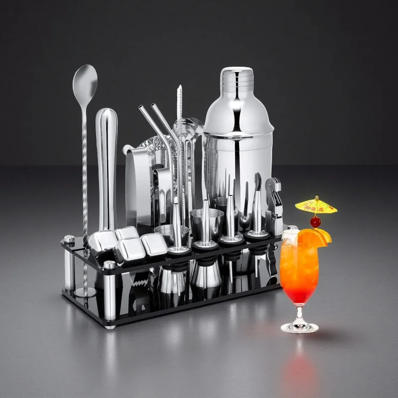 23-Piece Professional Classic Eco-Friendly Bartender Kit Boston Stainless Steel Drink Mixing Tools Acrylic Stand Premium Bar with Custom Logo