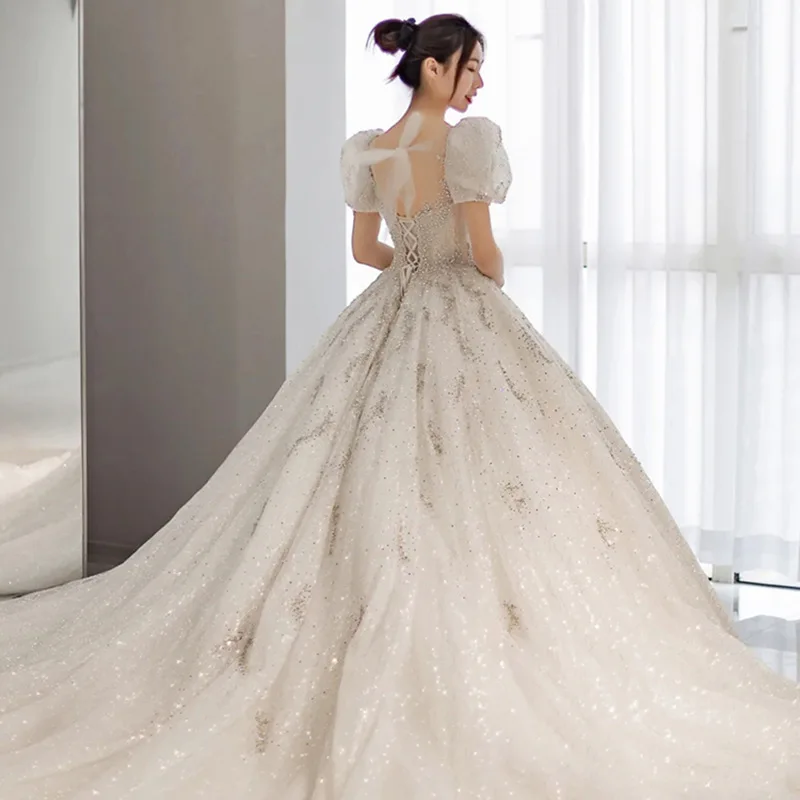 Elegant French Wedding Dress with Big Tail for Bride Sequined Heavy Empire  Style Lace-up Back Design Maternity Bridal