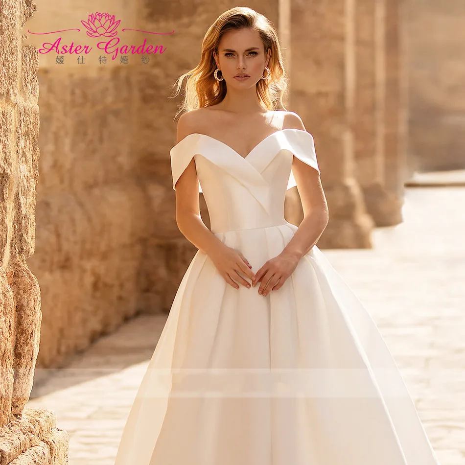 A Line Satin Off Shoulder Wedding Dresses With Lace Sleeves – Alinanova