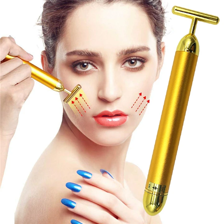 micro vibrating facial roller & massager T Shape Energy Micro Vibrating Facial Roller Beauty Bar 24k Golden Pulse  Facial Massager