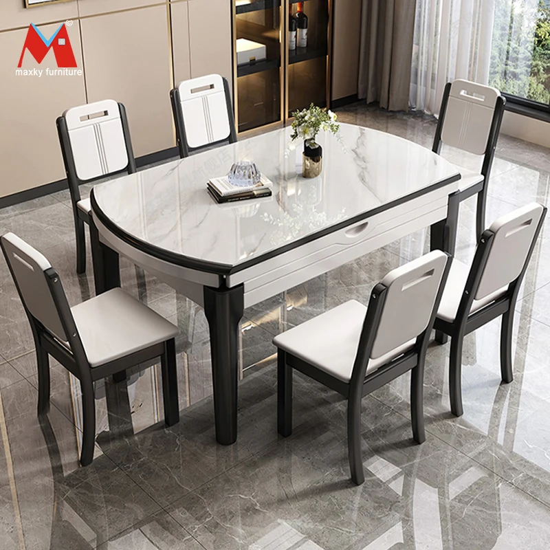 Slate Foldable Dining Table and Chairs Combination Solid Wood Modern Simple Light Luxury Telescopic Folding Dining Table