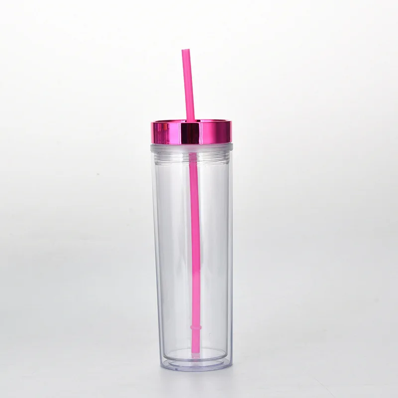 Customized Logo Acrylic Tumbler 16oz Skinny Bottle With Straw Double Wall Acrylic Clear Plastic