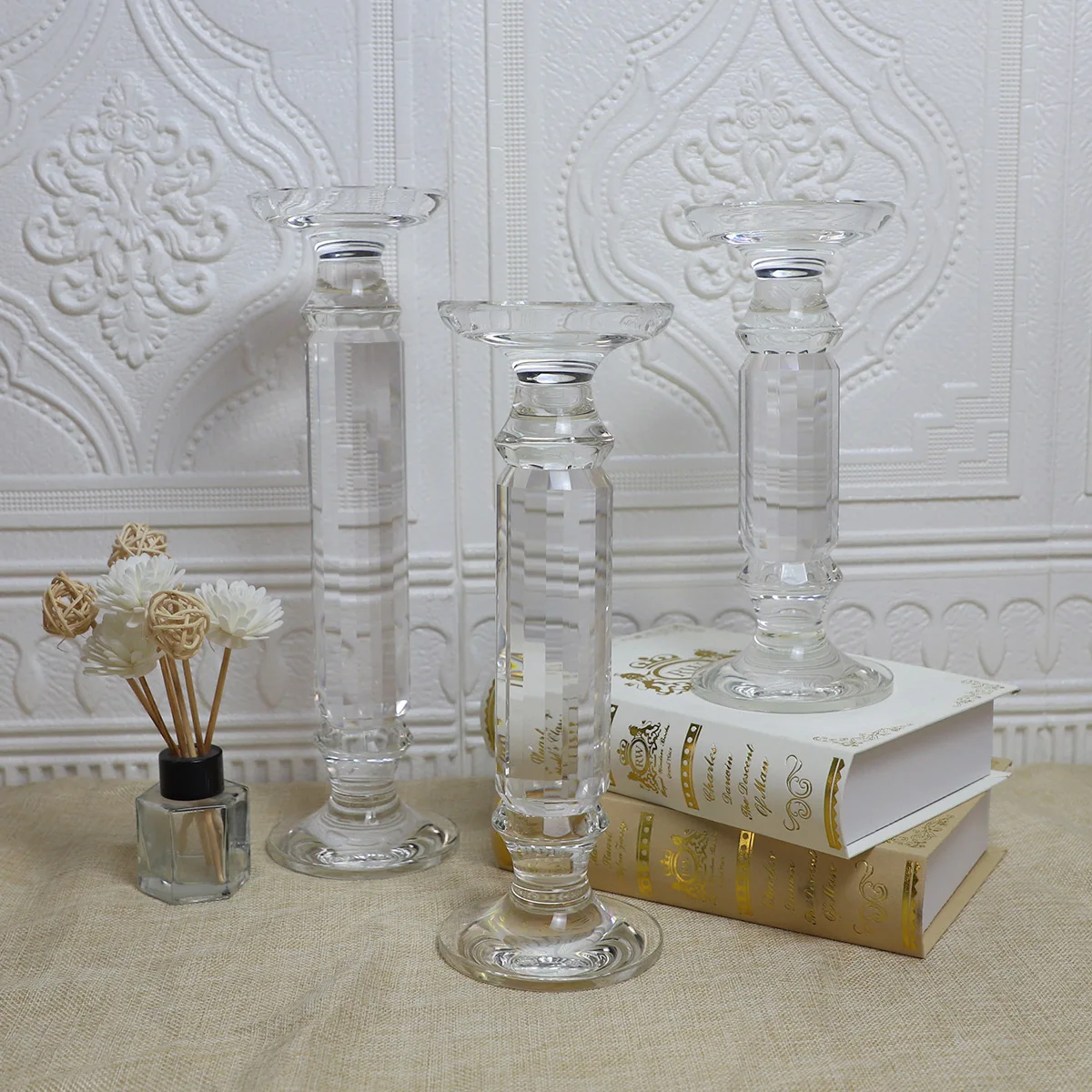 Factory Sell Clear Long Stem Glass Crystal Glass Tea Light Candle Holder 3 Size Set Decorative supplier