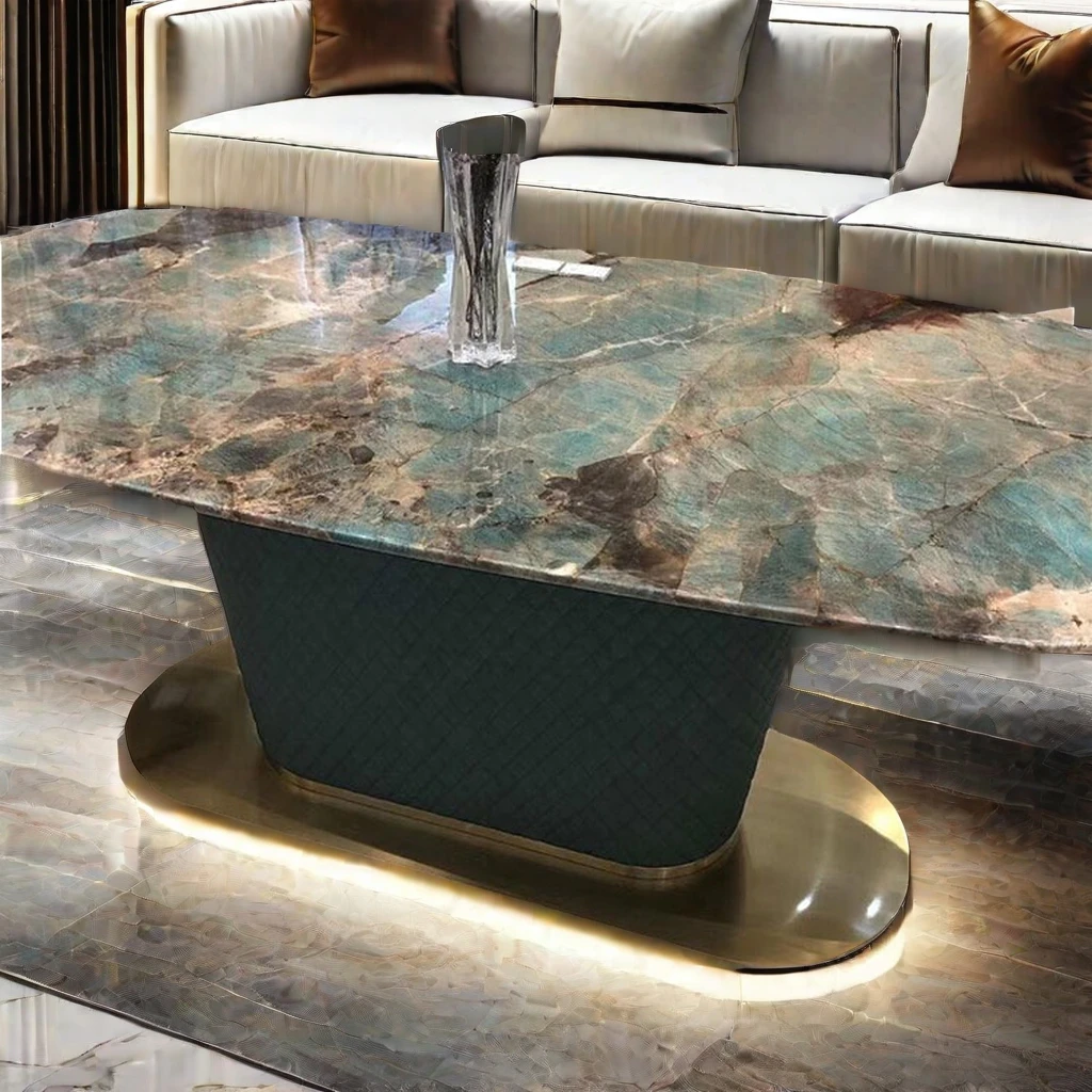 Modern Luxury Green Quartzite Dining Table Wooden and Stone Coffee Table for House or Restaurant for Living Room Use