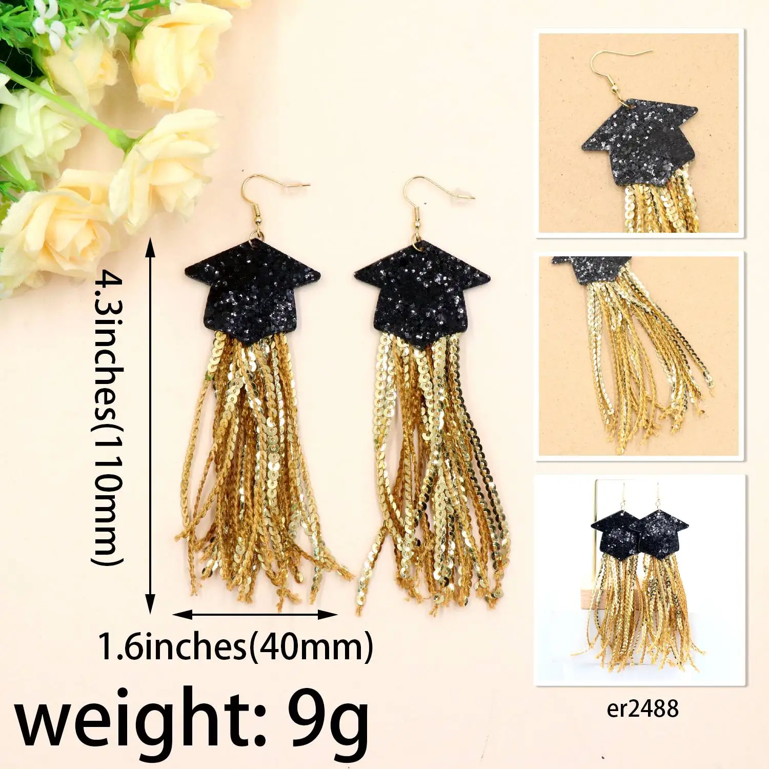 ZSHER2488 2024 Graduation Season Gold Sequin Long Fringe Drop Earrings Cute Acrylic Jewelry for Wedding Party Engagement Gift details