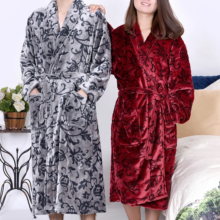 Wholesale high quality  280gsm adult  print  cut  embossed flannel fleece bathrobe sleepwear