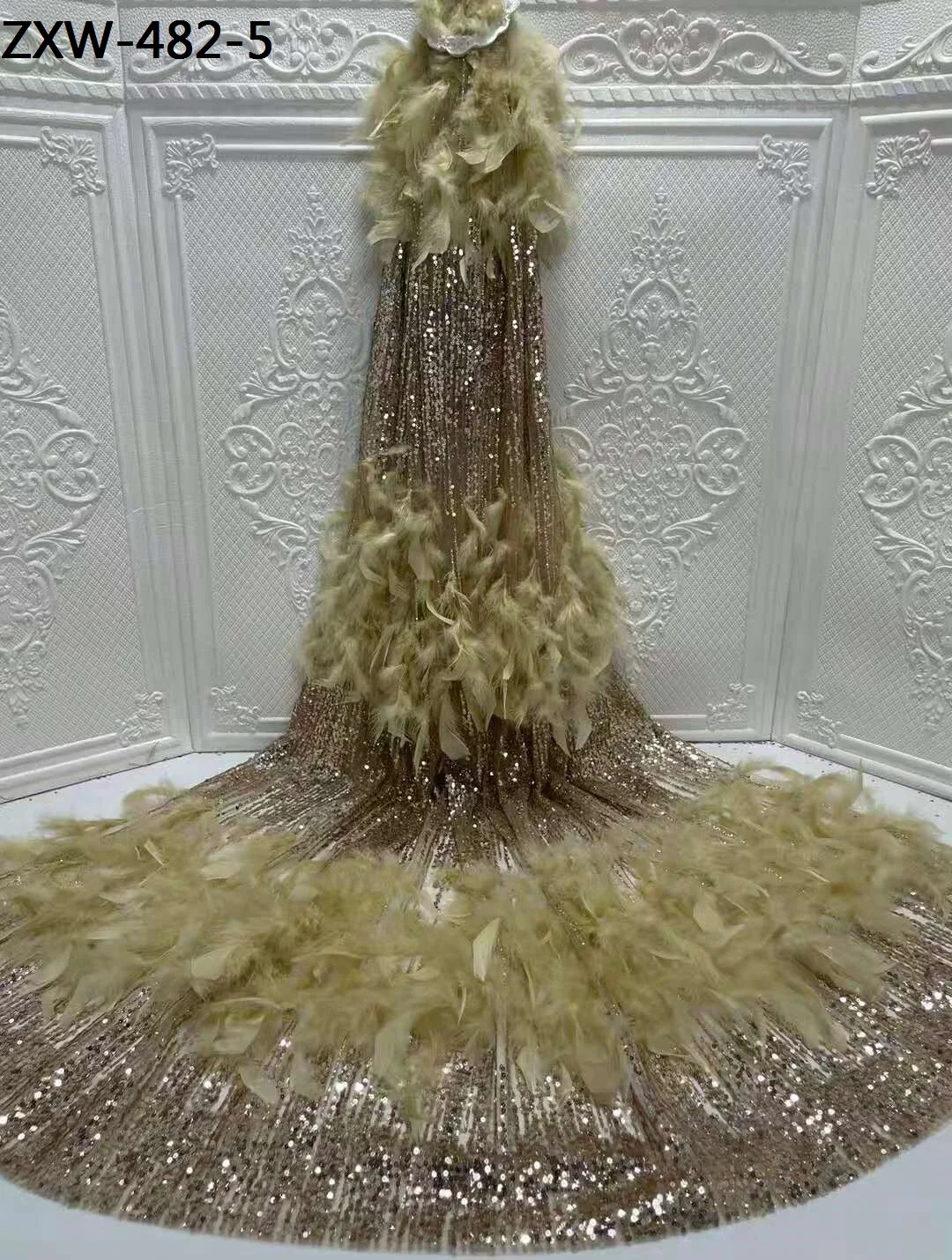 Unique Women Fashion Dress Material Embroidery Mesh 3D Soft Feather Glitter Lace Fabric