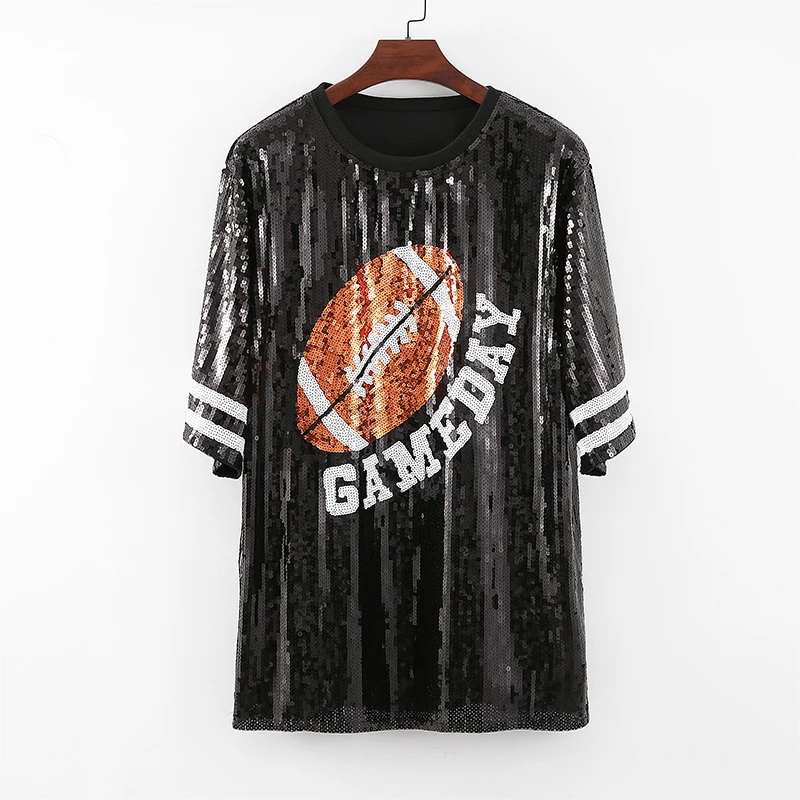 Wholesale Football Game Day Blue Sequin Jersey Tops Shirt Custom Womens  Casual Sequin Dress in Stock