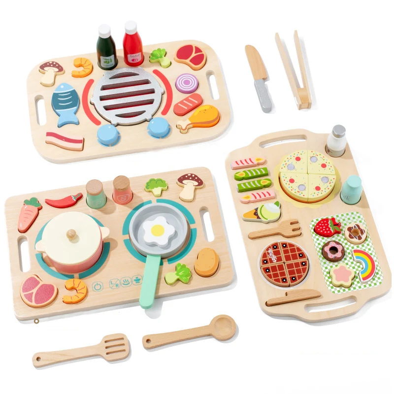 Neu Pretend Play Holz 3D Puzzle Essen Tee Küche Grill Set Kinder Bildung Eltern-kind-Interaktive Kochen Baby Spielzeug