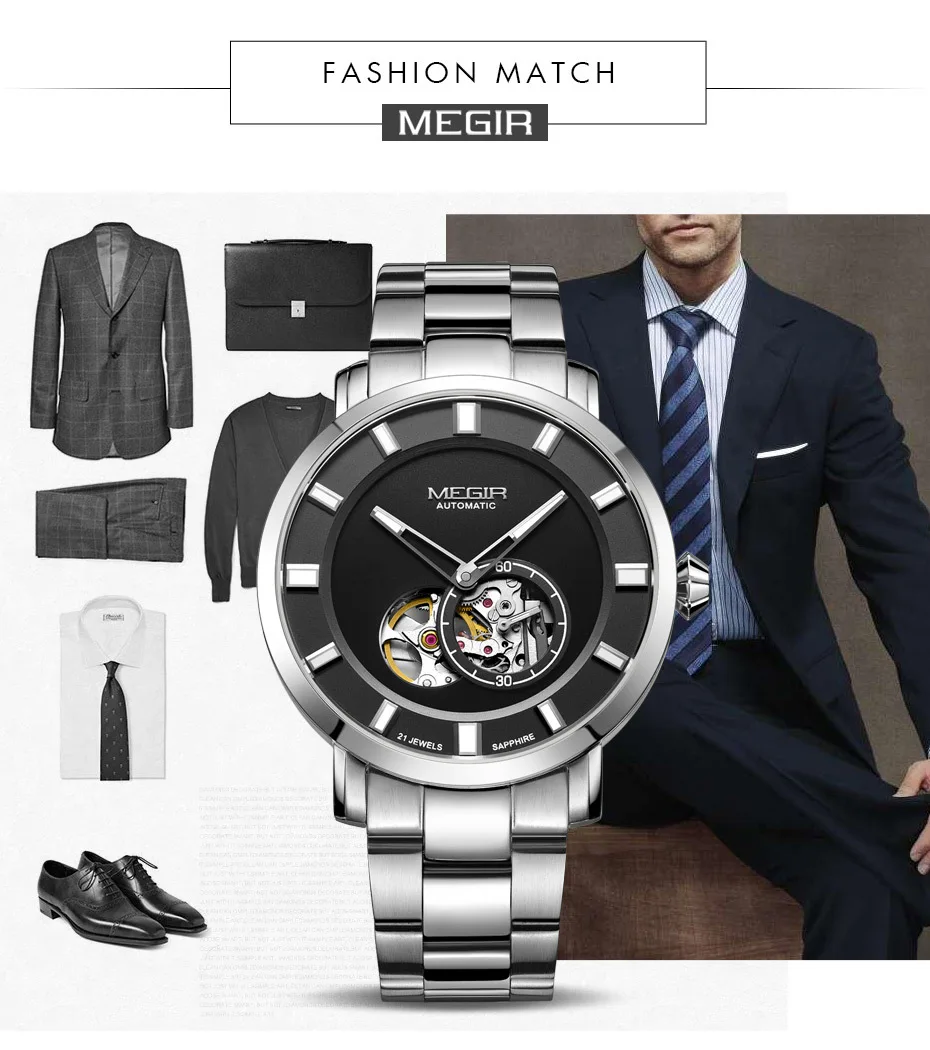 Luxury Megir Automatic Mechanical Watch Men Stainless Steel Business ...