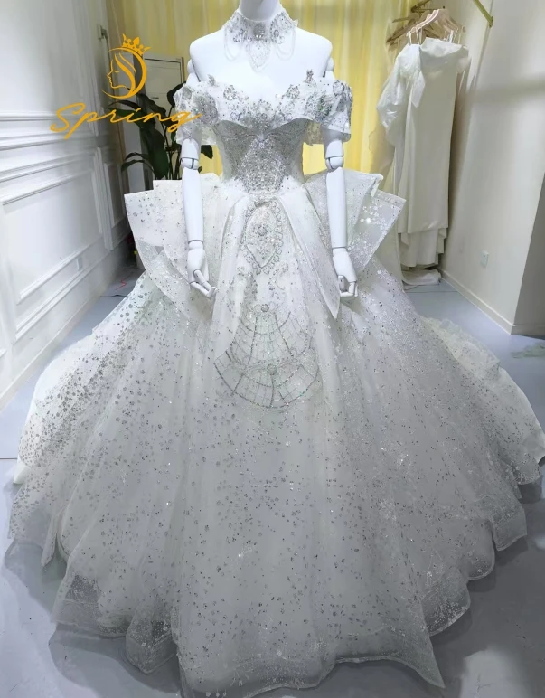 S0300N Princess Ball Gown Wedding Dress Sequin Shoulder Beads