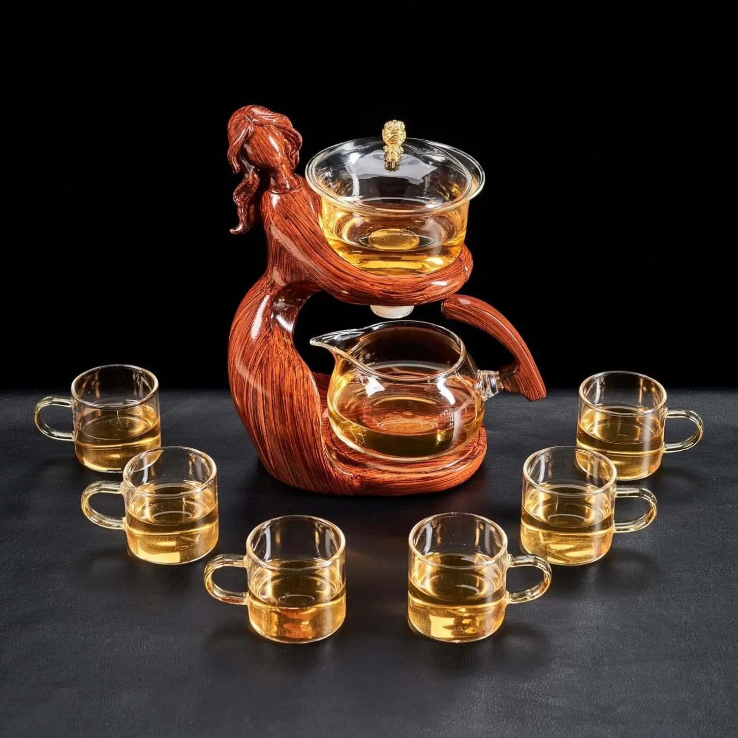 Creative Lady Magnetic Induction Kungfu Tea Set Semi-Automatic Glass Teapot with Infuser and 6 Small Cups for Coffee & Tea