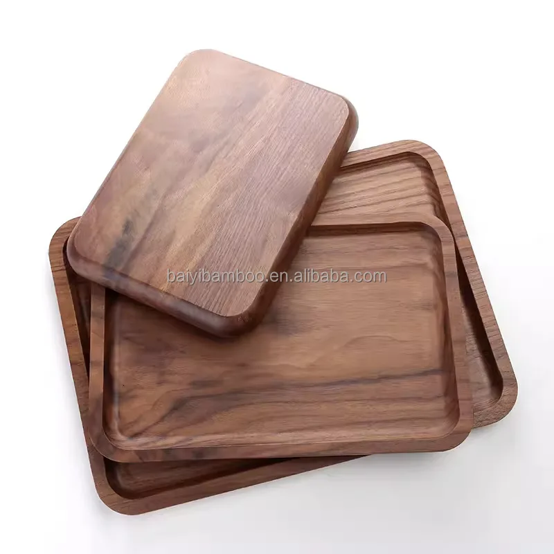 Modern Simple Walnut Solid Wooden Storage Serving Tray Handcrafted Breakfast Trays for Kitchen Houseware Use Dishes & Plates