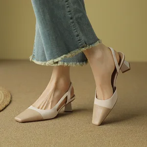 1328-6 Color-block Sheepskin Baotou Slingback Sandals Women's Square Toe Thick Heel for High Heels Summer Height Increasing