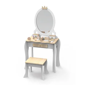 Princess Makeup Table Set with Mirror Kids Wooden Vanity Dress Toy  Chair for Toddlers Furniture Toys for Girls