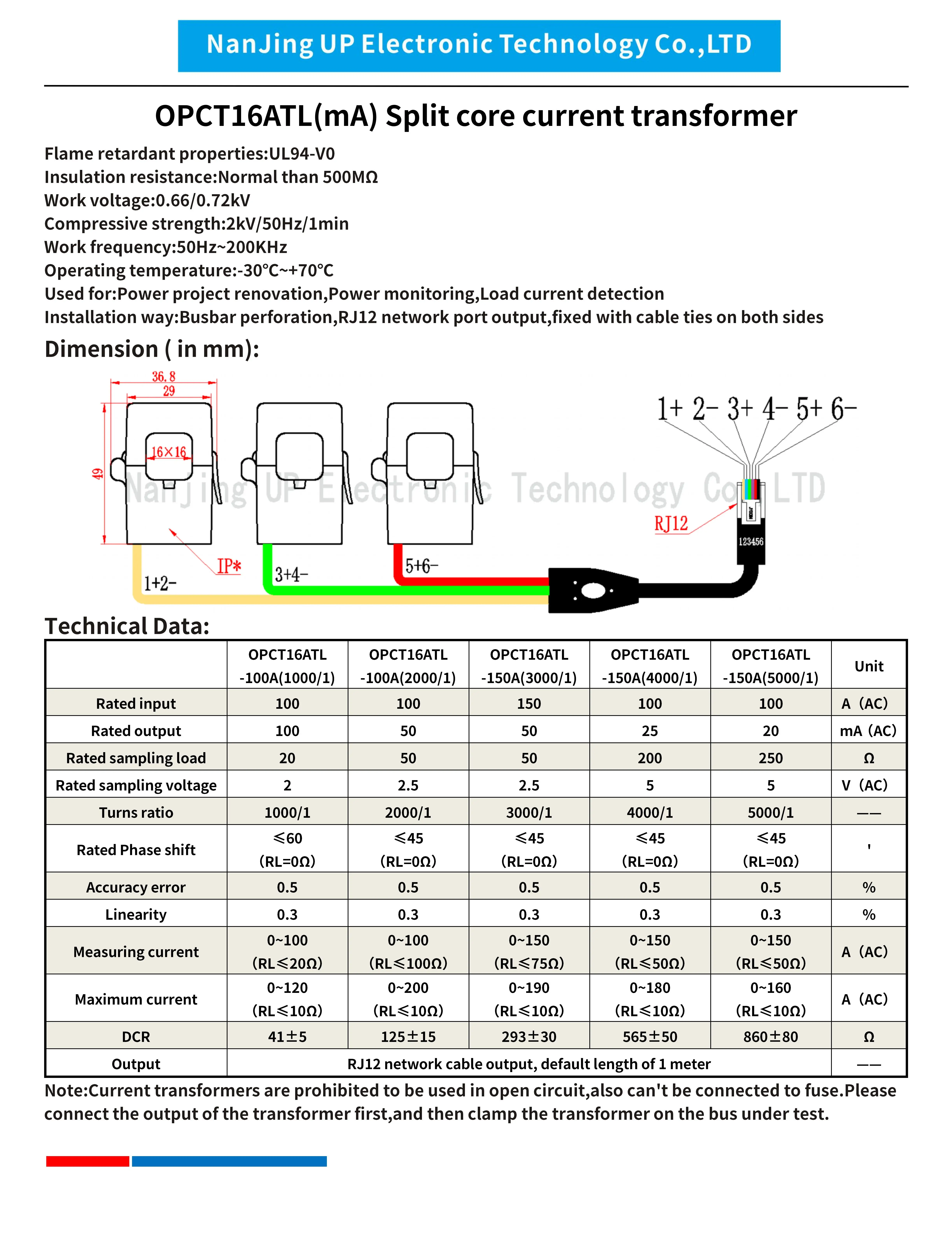 NJXSE OPCT16ATL Split Core Current Transformer Three-in-one with RJ12 CT 5A 10A 30A 50A 100A 150A/50mA 100mA Clamp Transformer