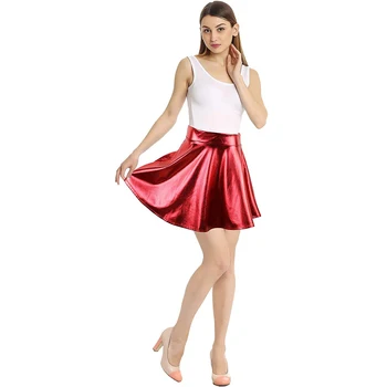 Latex Ladies High Waisted Red Mini Skating Skirts Stretchy Umbrella Full Skirt For Girls