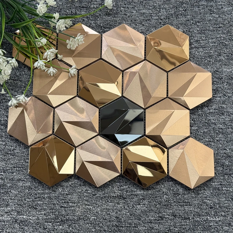Hexagonal Metal Mosaic 3D Stereo Beveled Glass Tile for KTV Interior Background Wall Decoration Graphic Design Capability