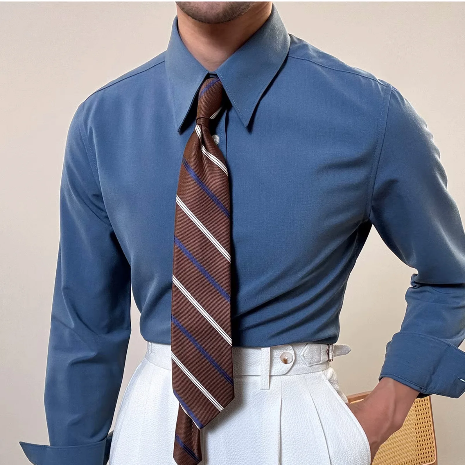 pinhole dress shirt Pinhole collar empire collar patchwork collar French cuffs men's shirt manager business 100% cotton stripe custom shirt for men
