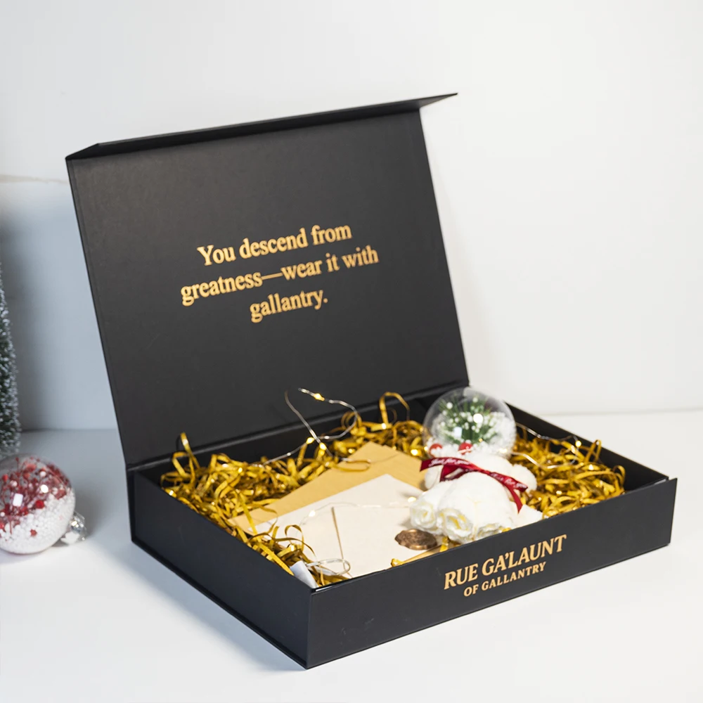 Fully Branded Elegant Coated Paper Foil Stamping Ribbon Christmas Rigid Foldable Magnetic Flap Gift Boxes Hard Gift Paper Box