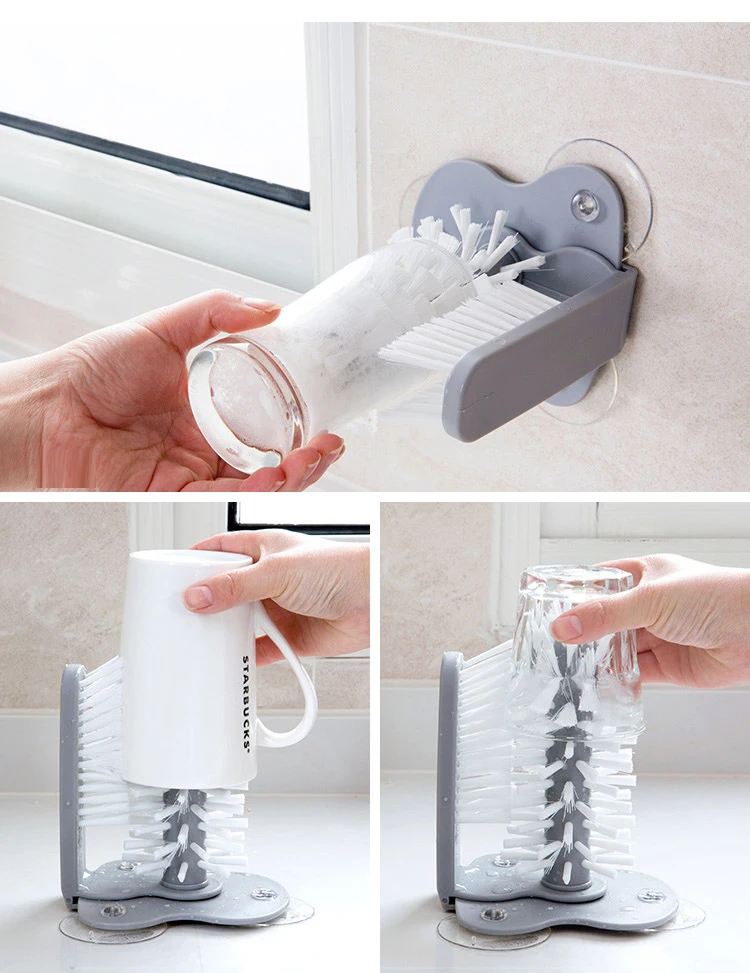 2 In 1 Plastic Cup Scrubber Cleaning Brush With Suction Base Glass