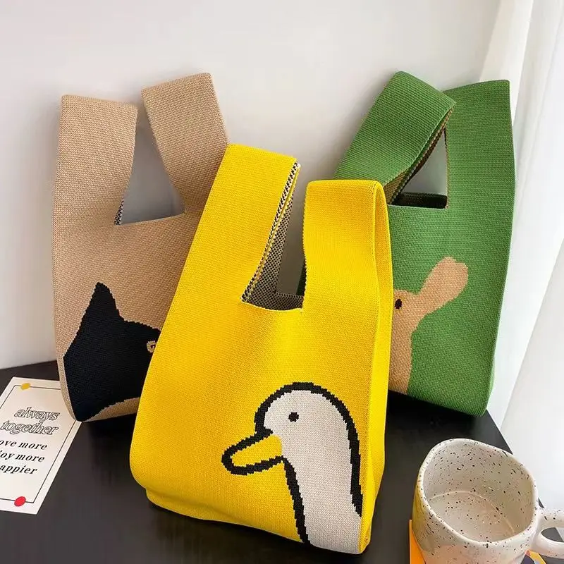 product small folding style multi use shopping tote bag custom cartoon patterns knitted fabric bag-7