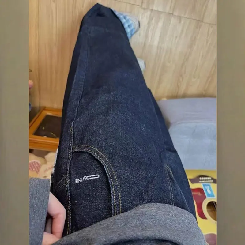 Design Bowknot Plaid Patchwork Denim Jeans for Women Spring Season Plus Size Loose Wide-leg Pants