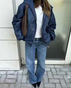 Custom Logo Navy Cotton/Nylon Windbreaker Jacket Women Autumn/Winter Waterproof Eco-Friendly Lightweight Oversized Casual