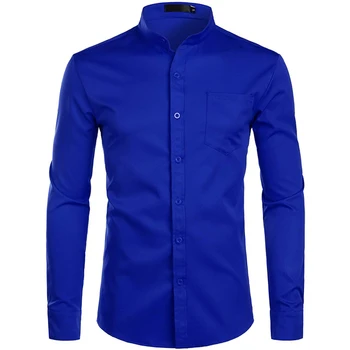 Men's Royal Blue Dress Shirt High Quality And Tie Mandarin Collar ...