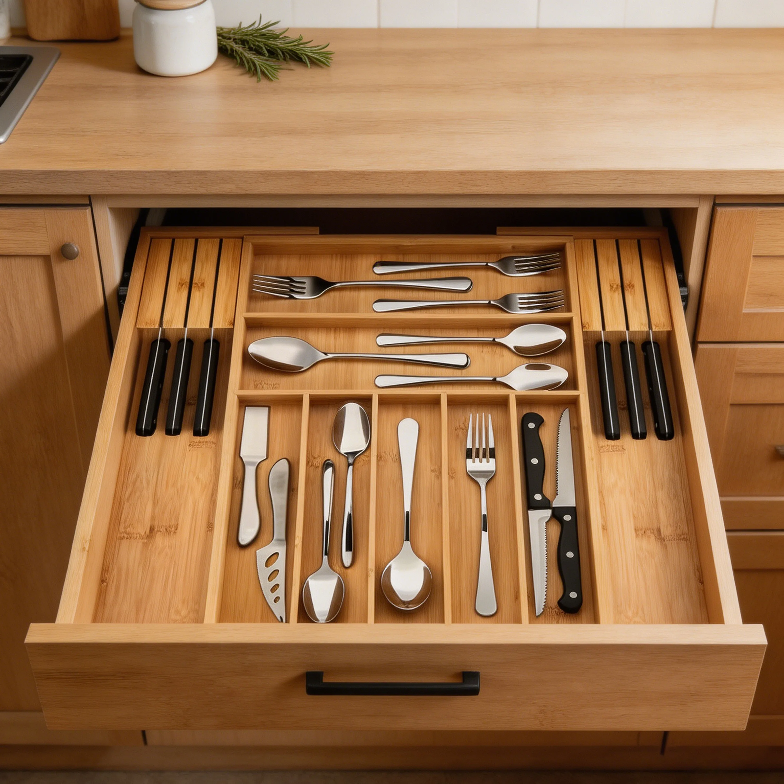 Bamboo Expandable Silverware Organizer with Knife Slots Adjustable Multi Compartment Drawer Utensil Tray for Kitchen Storage
