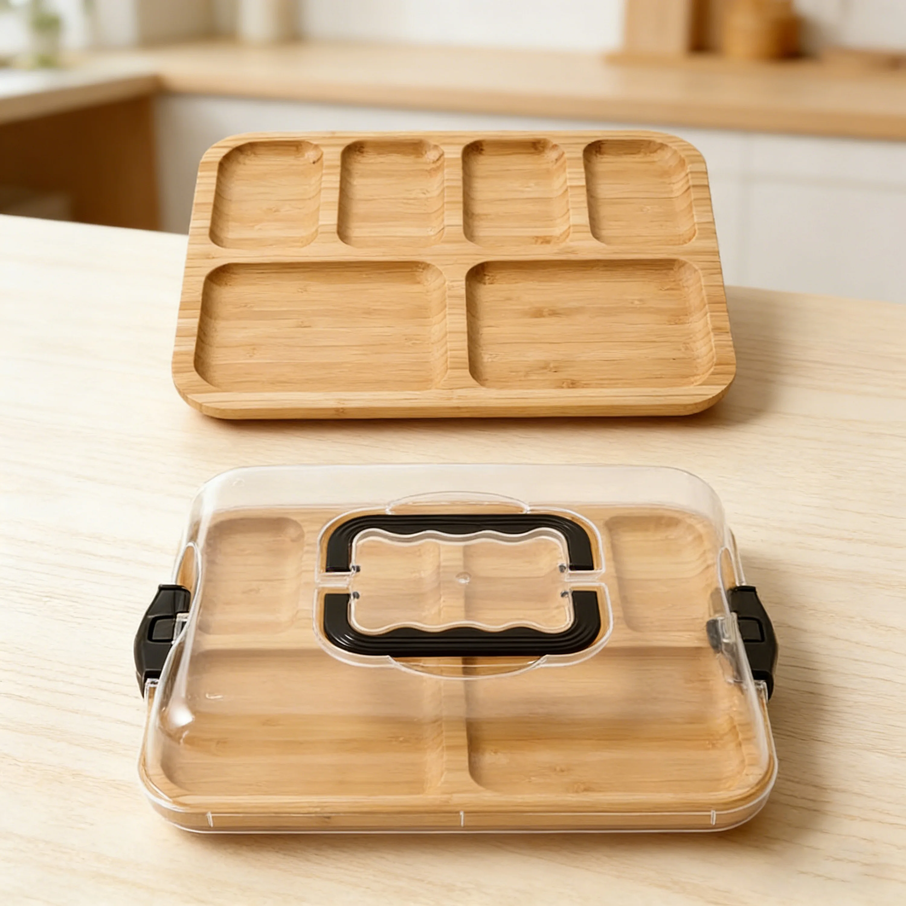Bamboo Divided Serving Tray Clear Lid Handle 6-Compartment Eco-Friendly Food Storage Container for Charcuterie Picnic Kitchen