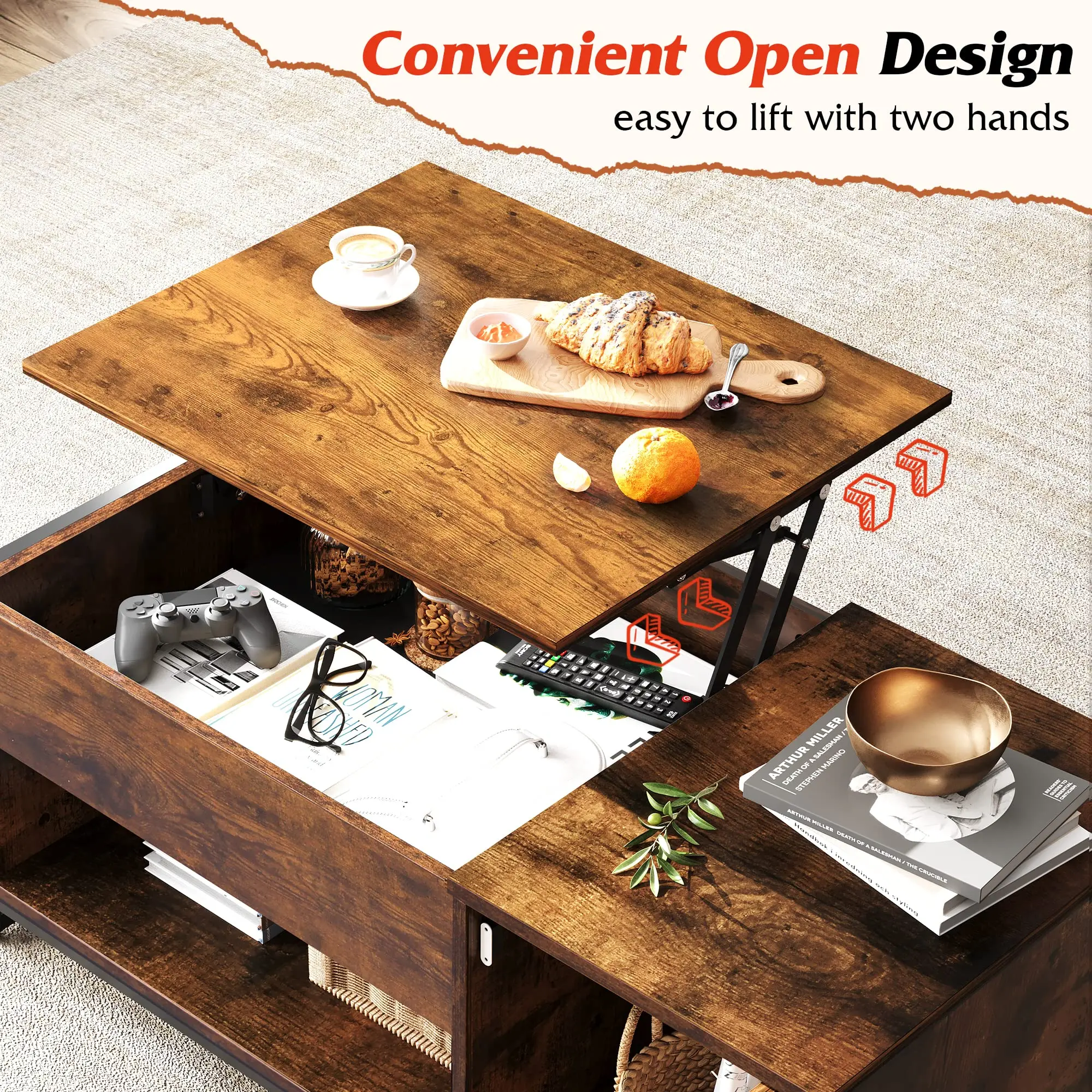 Rustic Brown Table with Storage,Hidden Compartment and Open Shelf with Metal Mesh Door Cabinet Lift Top Coffee Table