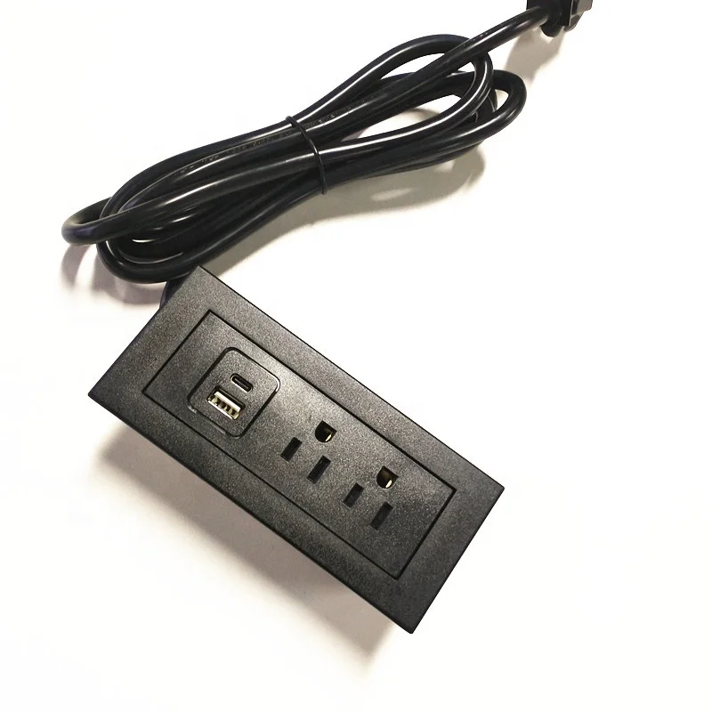 Gold US Standard Recessed Drawer Power Strip with USB C Port Socket Office Desk Embedded Flush Mounted Power Plate Socket
