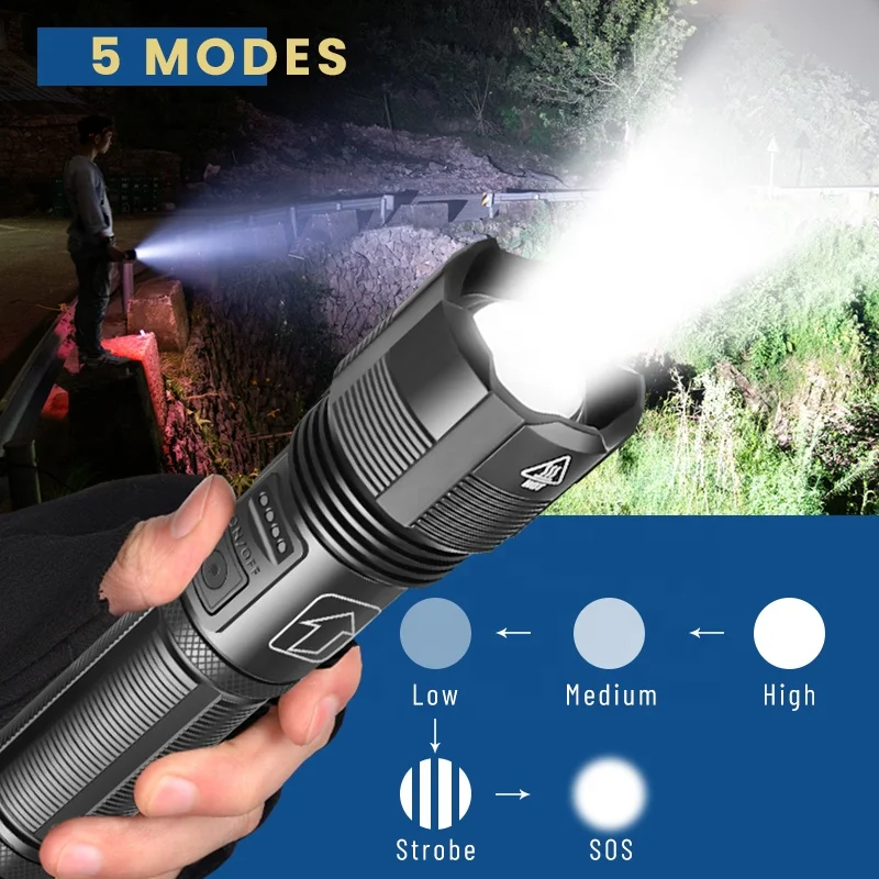 Asafee XHP50 LED Flashlight Tactical Waterproof Zoom Rechargeable 5 Modes Powerful Torch Light for Camping Aluminum Alloy Body
