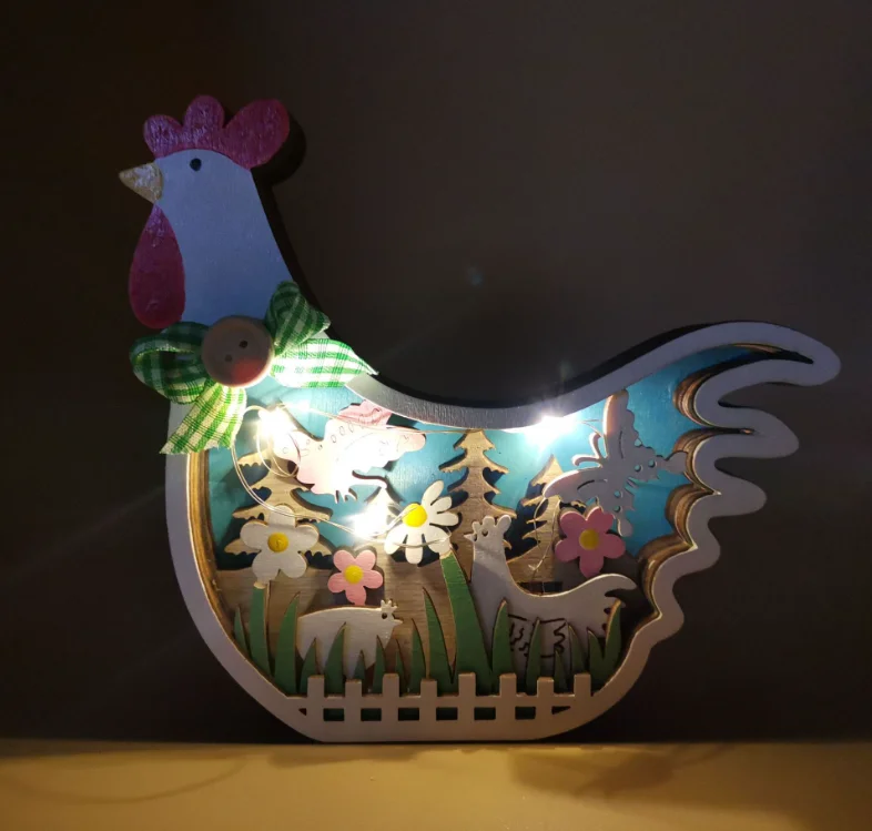 High Quality Carved Multi Layer Easter Egg Chicken With LED Light Wood Table Decorations for Home Wooden Animals Carving Crafts