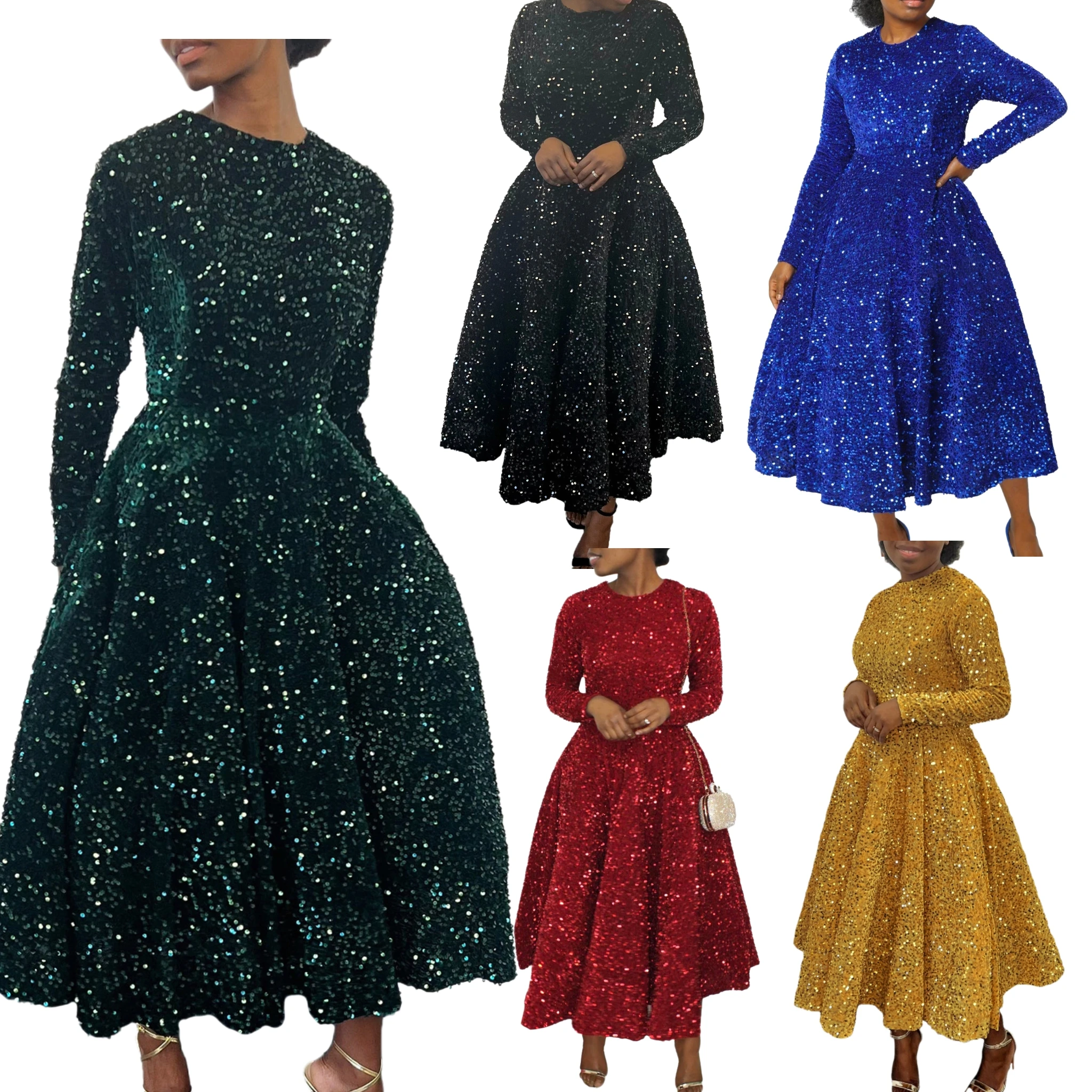 Elegant Fit and Flare Matching Lady Party French Women Dress Long Sleeve High Quality Sequin Dress Long Royal Blue Sequin Dress