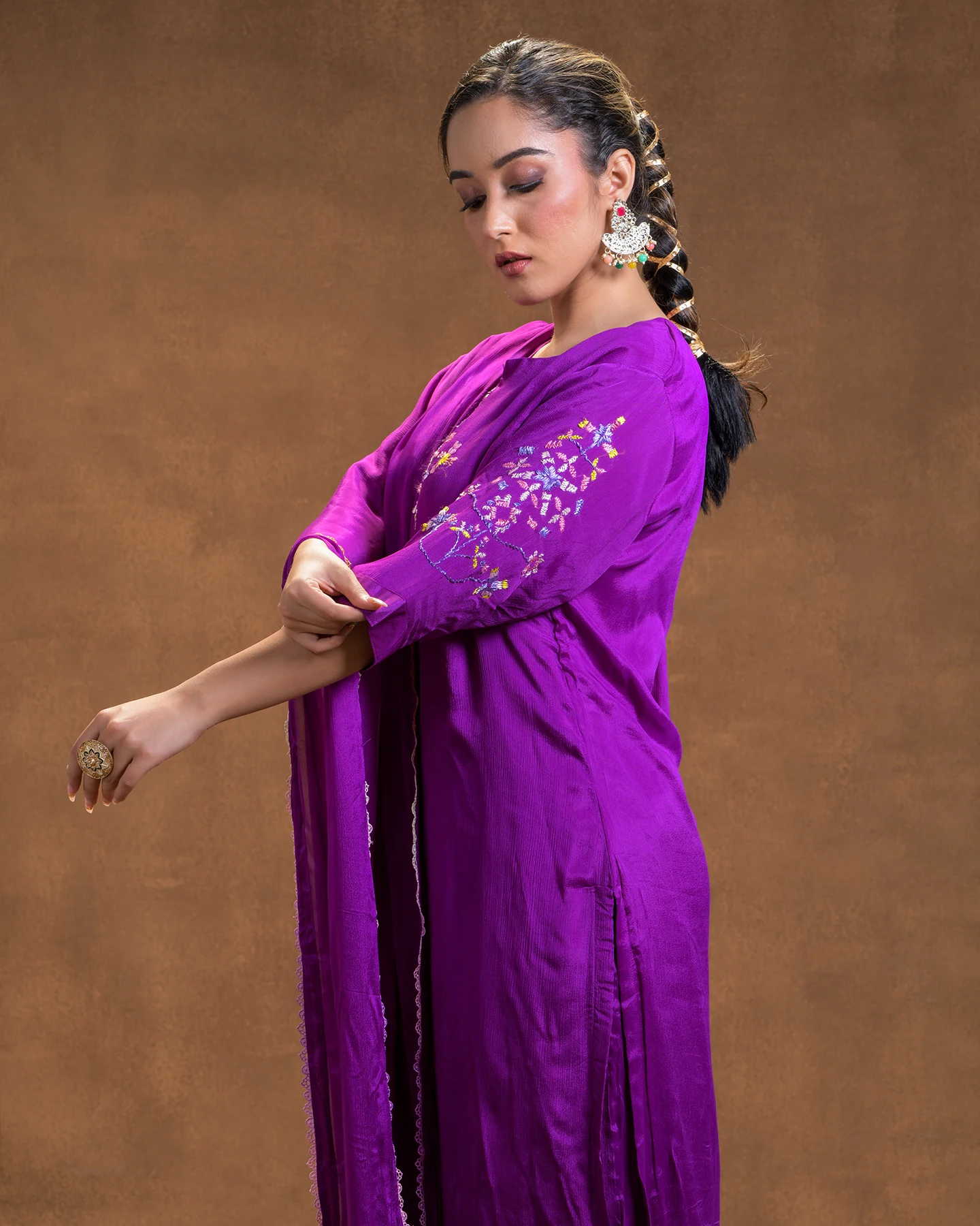 Designer Suit with Dupatta Hand Embroidery Salwar Kameez Style Women Suit Handwork Phulkari Design Pure Chinon Fabric Full Suit
