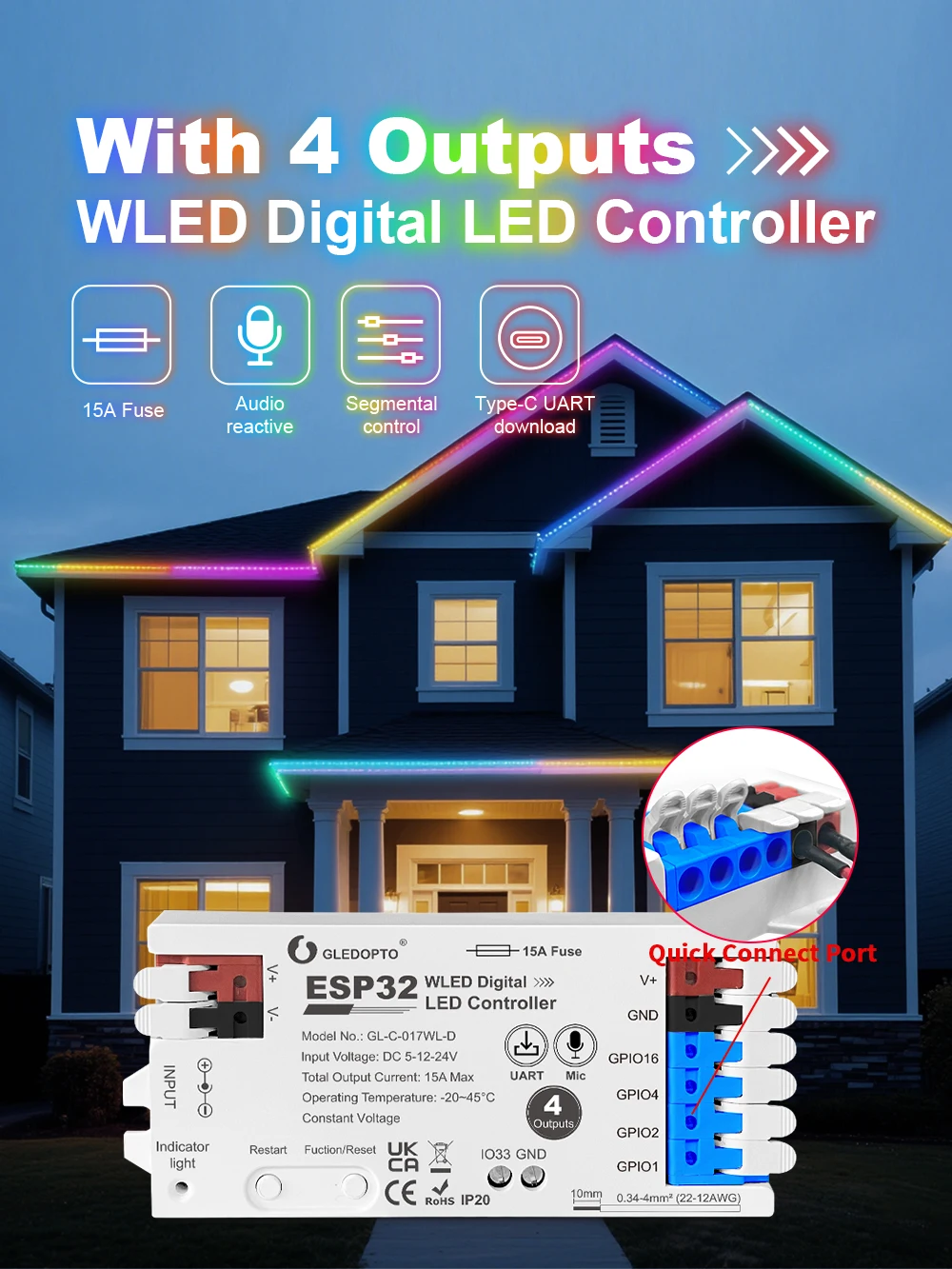 GLEDOPTO - Contrôleur ruban LED numérique ESP32 WLED (version micro